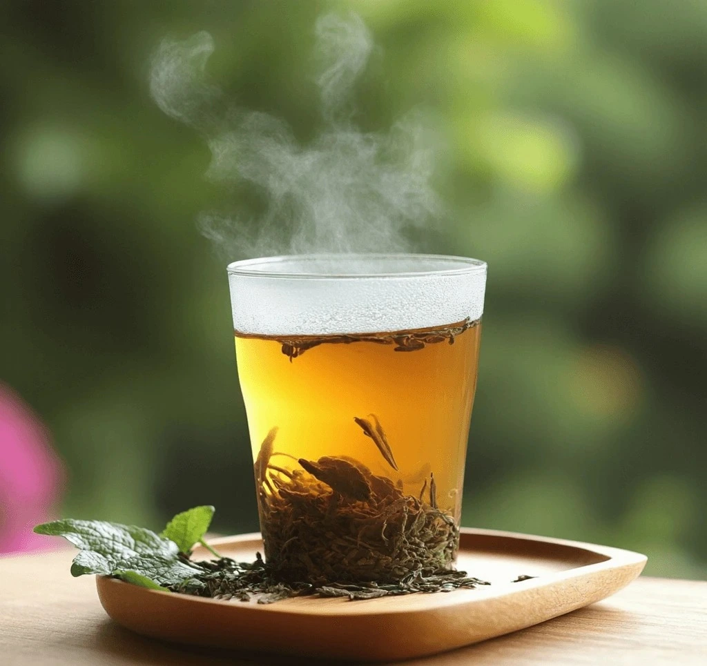 A glass mug of steaming black tea with lemon slices on a wooden cutting board