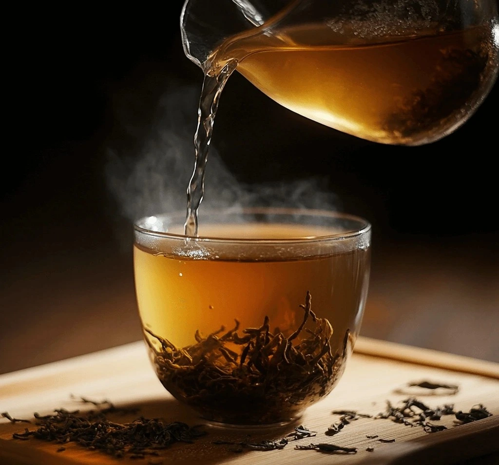 Steaming cup of black tea with loose leaves at the bottom, served with sliced lemons on a wooden board