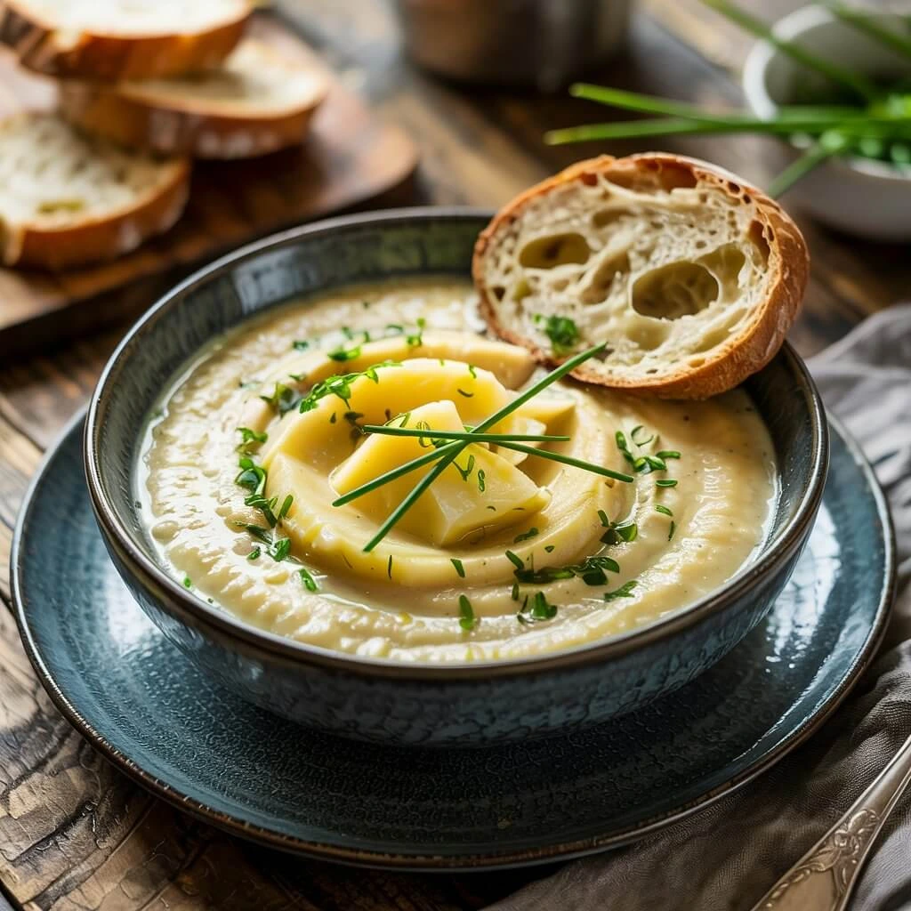 Creamy potato soup in a dark bowl with bread and chives