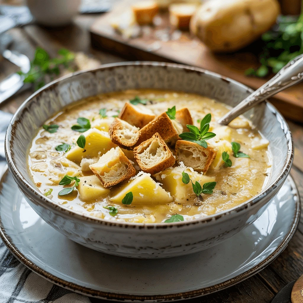 Creamy homemade potato soup in a white bowl with fresh herbs