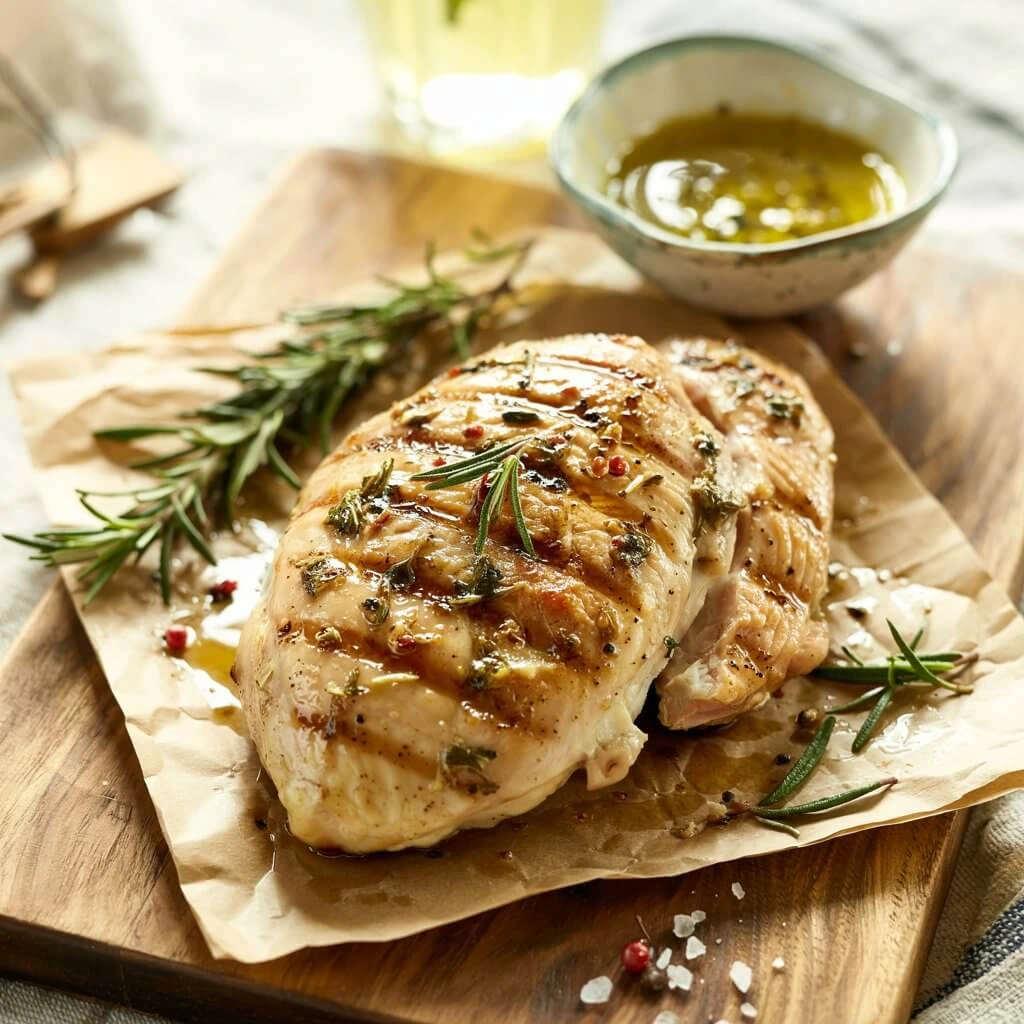 Detailed view of a seasoned and cooked chicken breast.