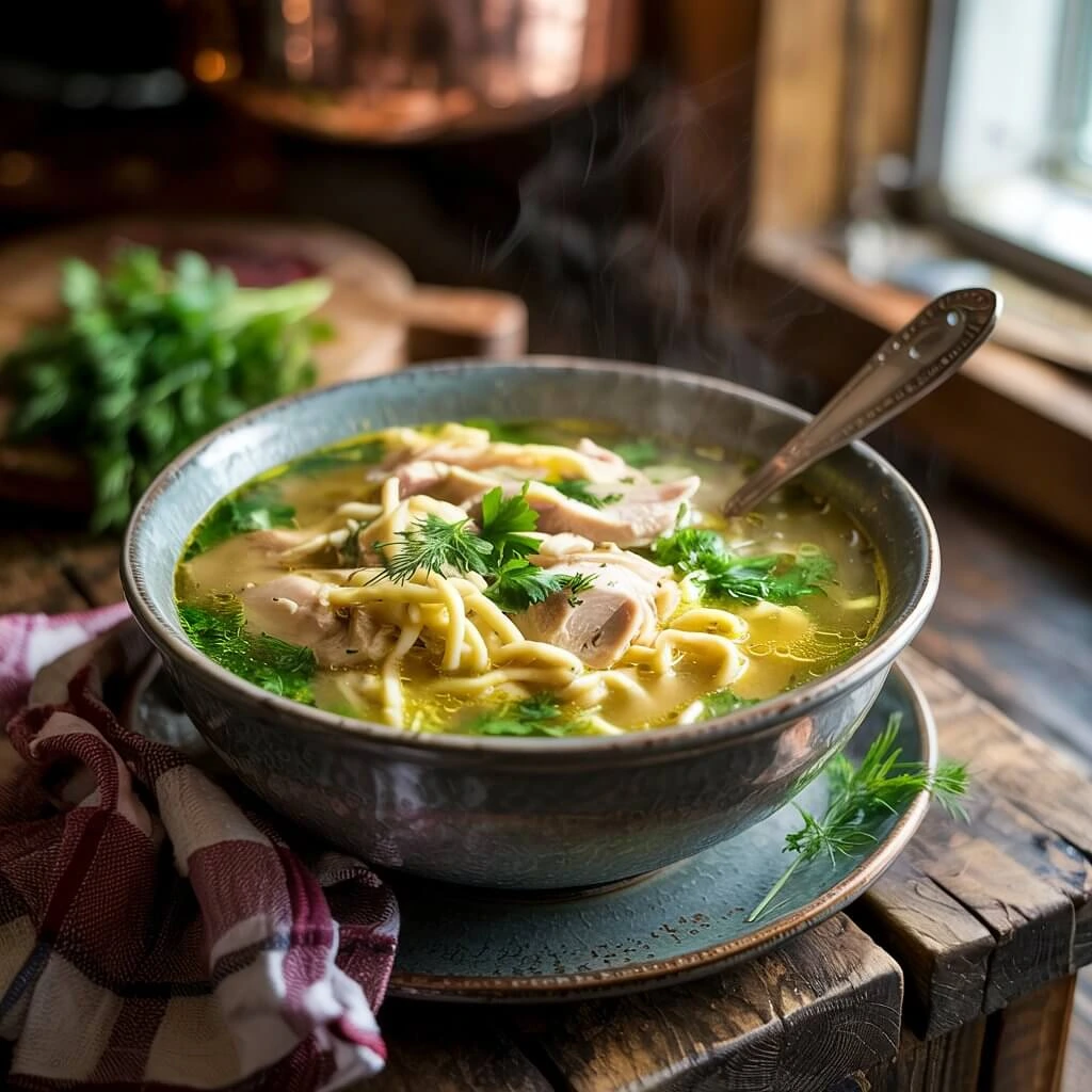 Warm bowl of chicken noodle soup with carrots, celery, and noodles
