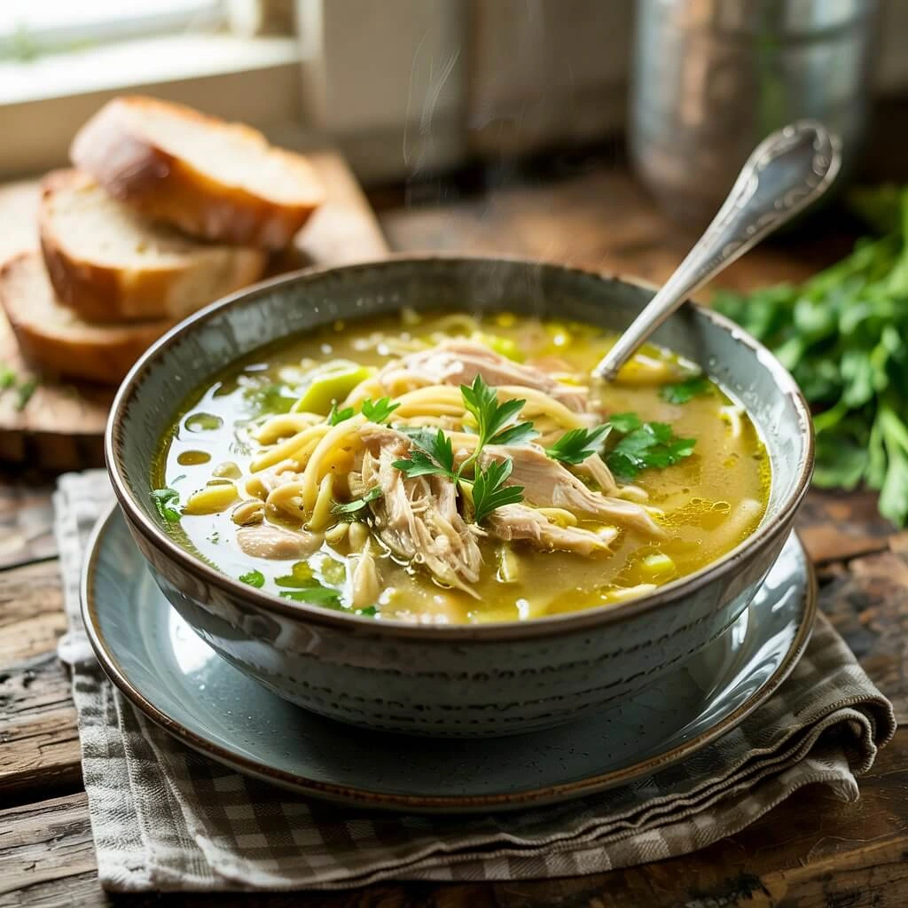 Homemade chicken noodle soup in a bowl with fresh herbs and vegetables