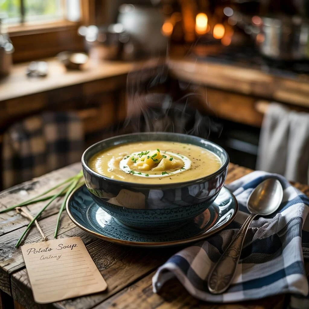 Steaming bowl of potato soup on a rustic table with a spoon and napkin