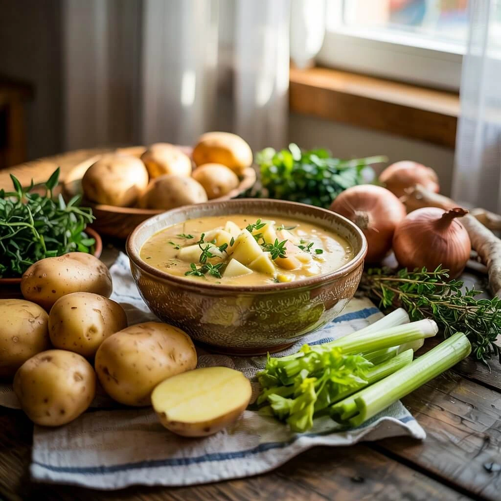 Bowl of potato and leek soup surrounded by fresh ingredients on a wooden table