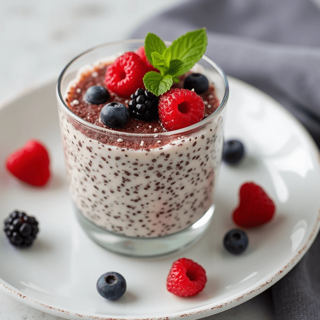 A glass of layered chia seed pudding topped with fresh berries and mint.