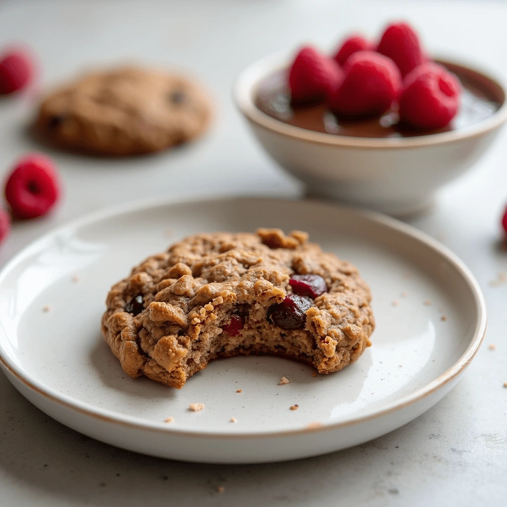 A partially eaten oatmeal cranberry cookie sits on a light gray plate.