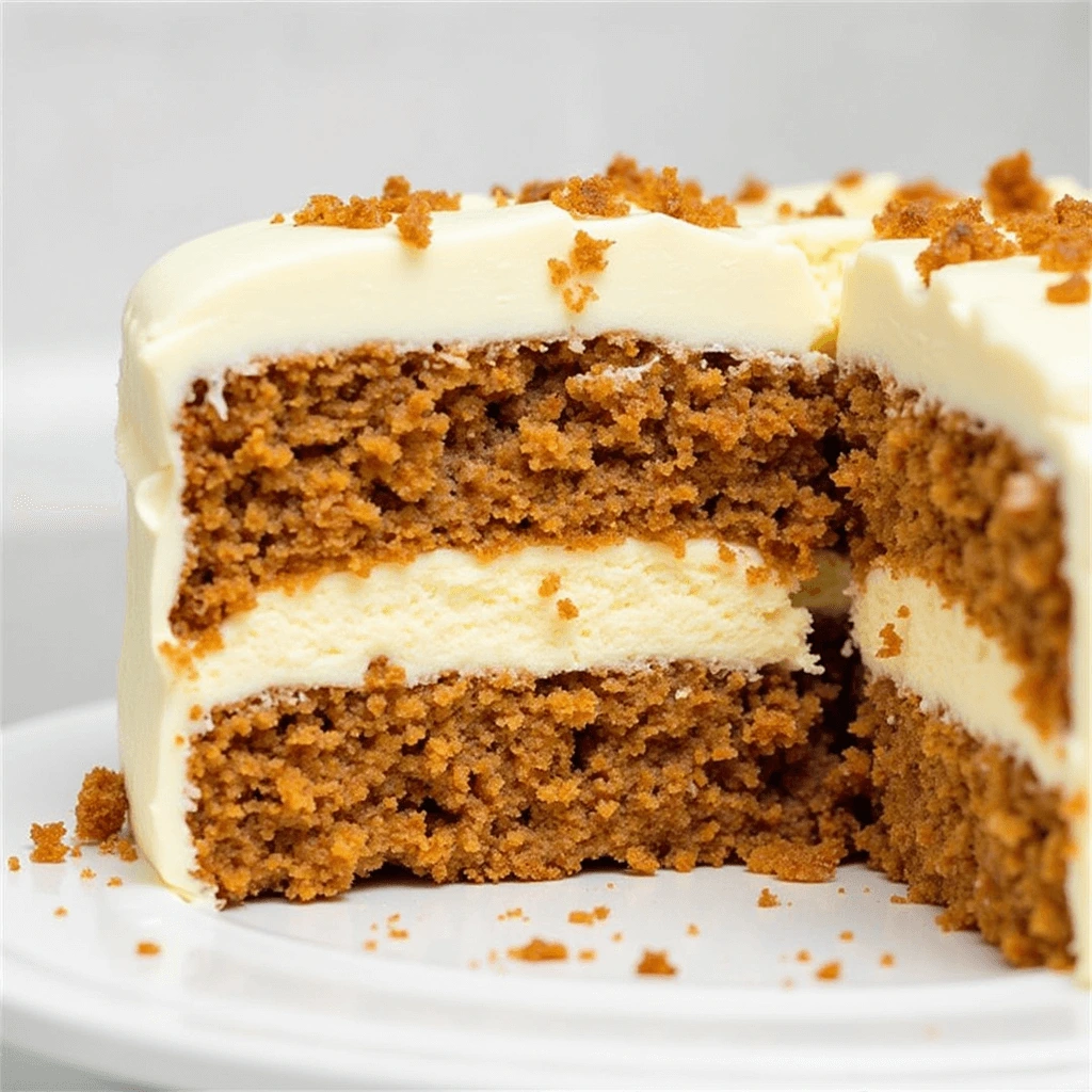 Slice of moist carrot cake with cream cheese frosting and walnuts