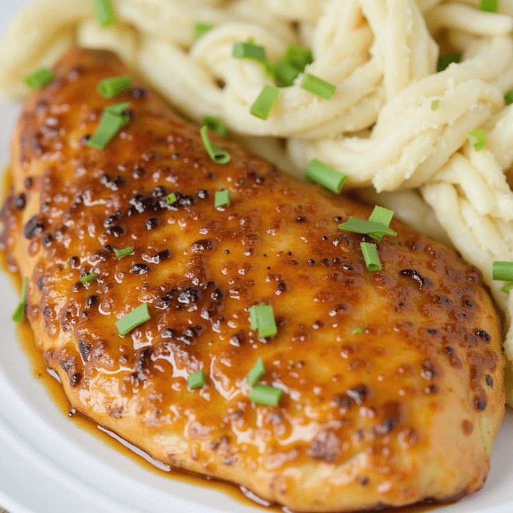 Baked chicken breast garnished with fresh herbs.