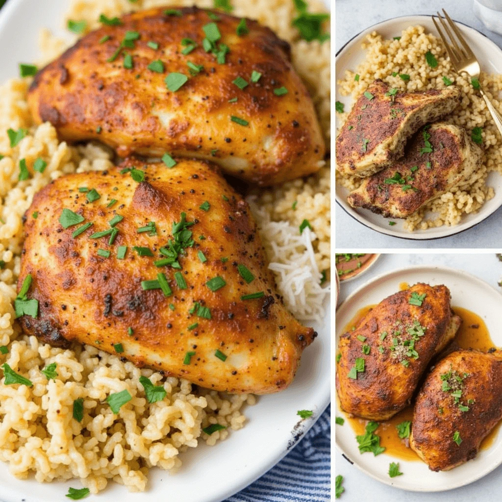 Close-up of golden brown baked chicken breasts with fresh herbs.
