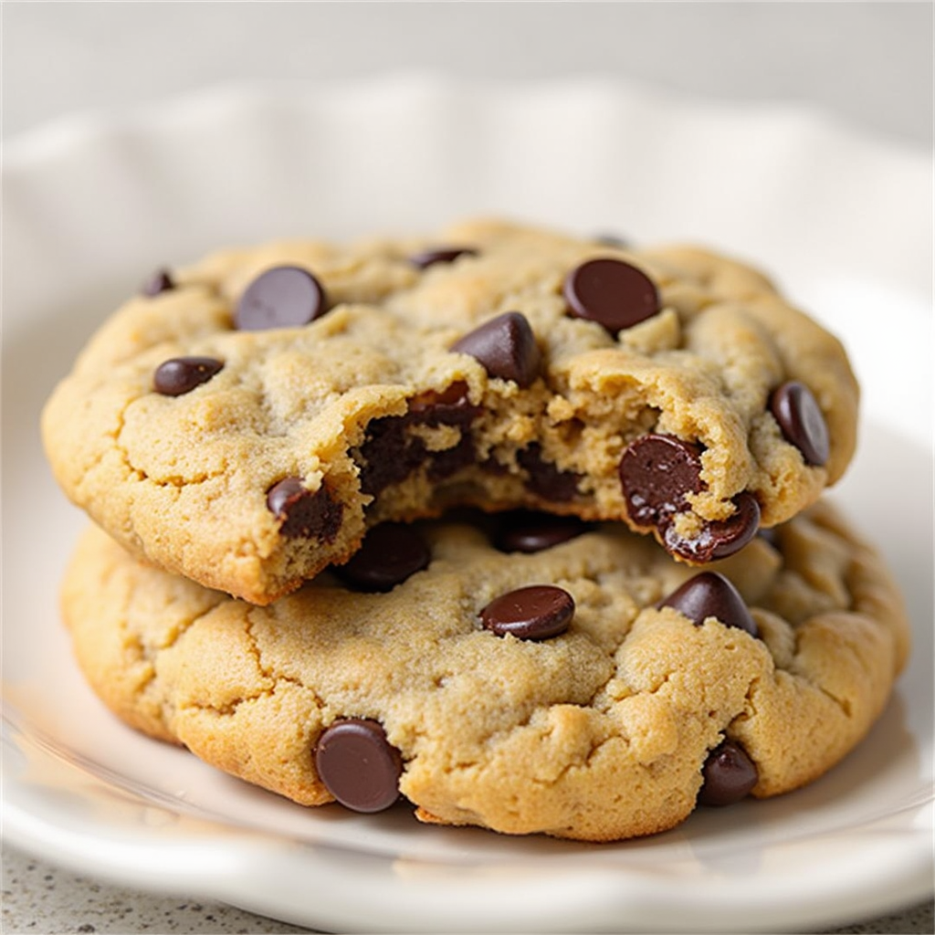 Chocolate chip cookies on a white plate, one with a bite taken out