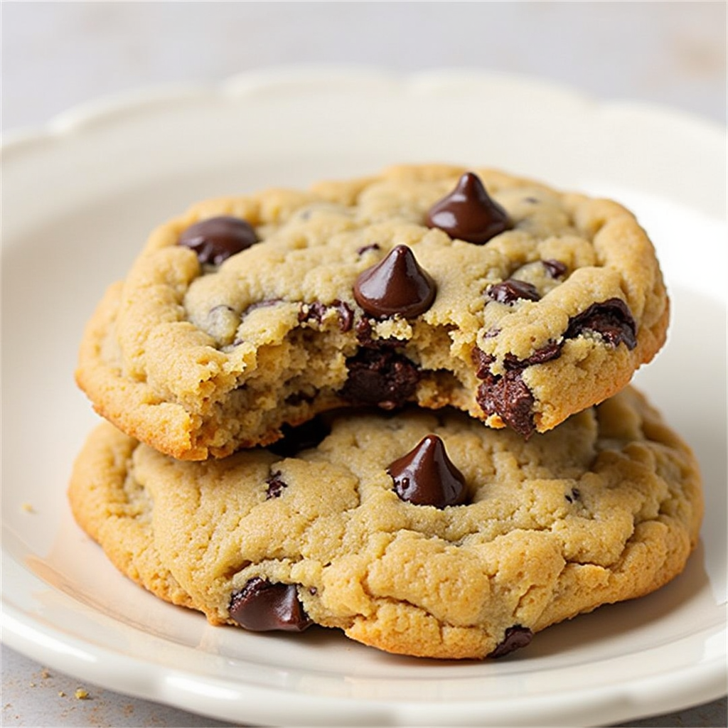 Two chocolate chip cookies stacked on a plate with one partially eaten.