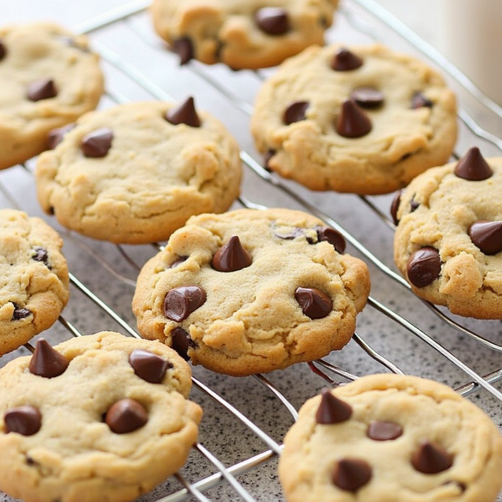 Gooey chocolate chip cookie with a bite, stacked on another cookie.
