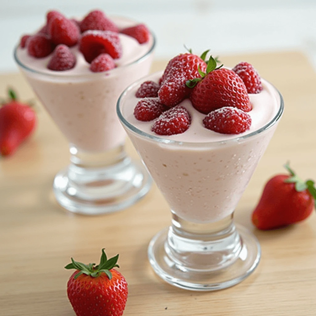 Two glasses of strawberry mousse topped with fresh strawberries.