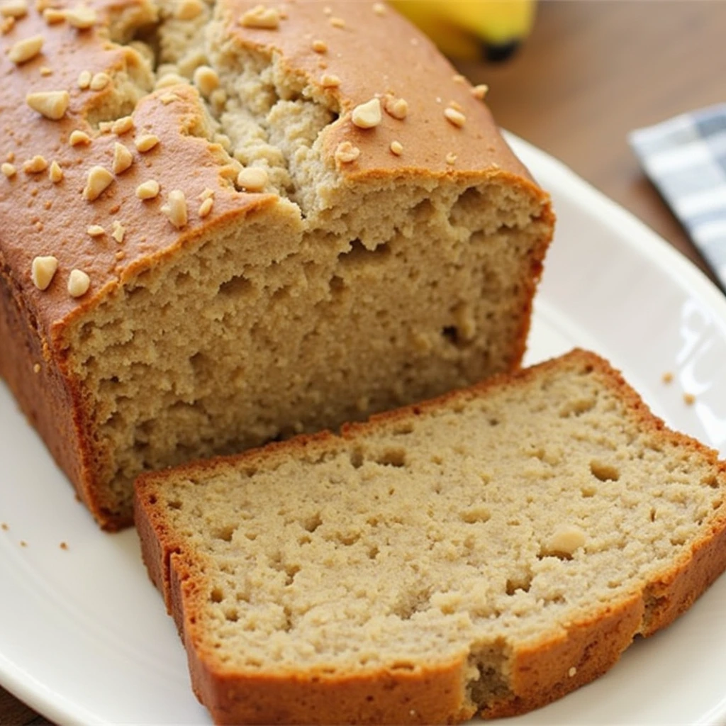 Banana bread loaf with slices cut, a knife, a cloth napkin, and two bananas on a wooden board.