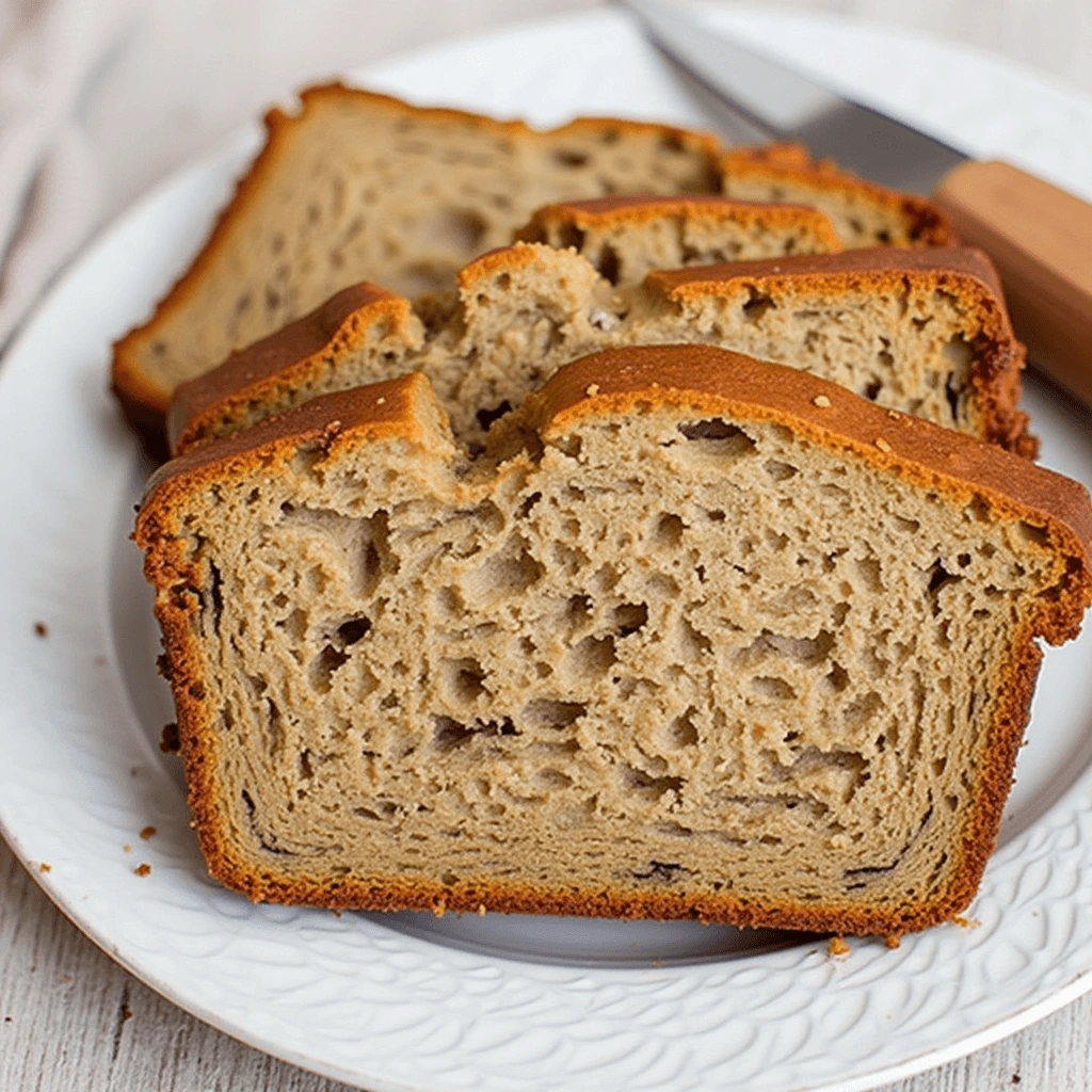 Partially sliced banana bread loaf with two bananas in the background