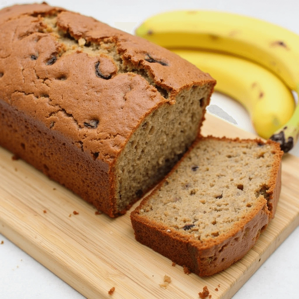 Sliced banana bread on a wooden board next to a whole loaf and two bananas.