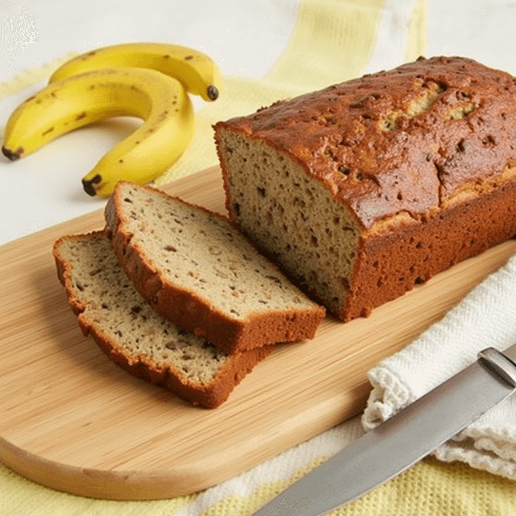 Partially sliced banana bread loaf with two bananas in the background.
