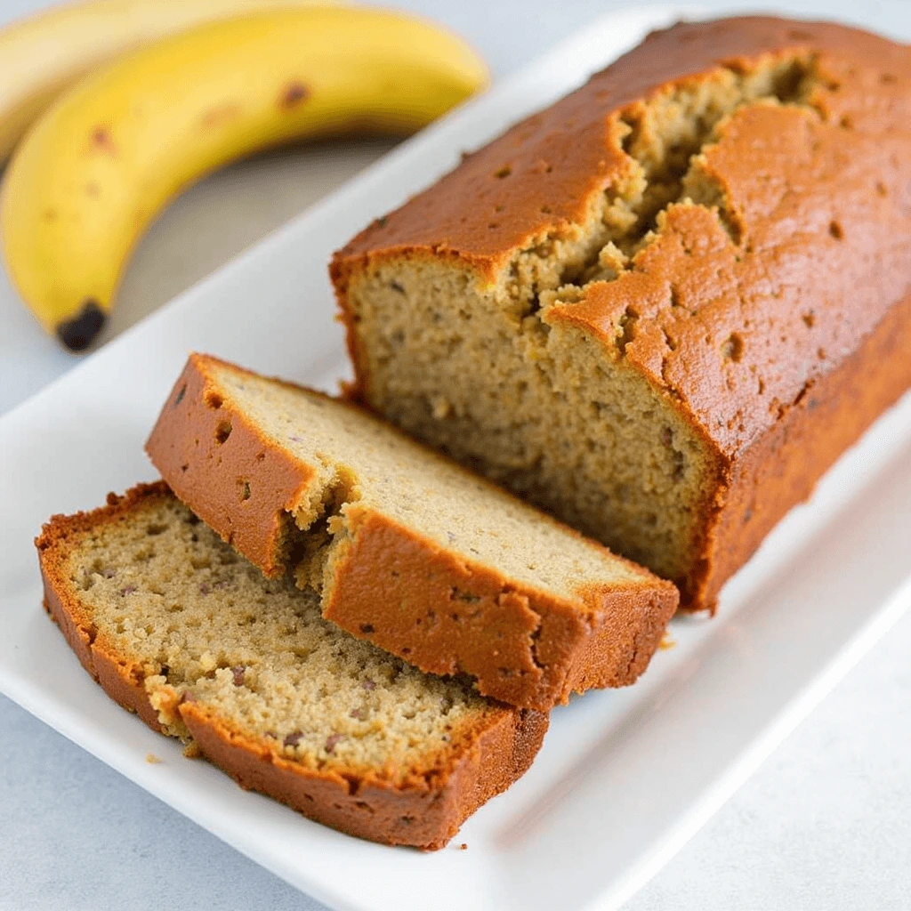 aked banana bread with cut slices and two bananas on a wooden board.