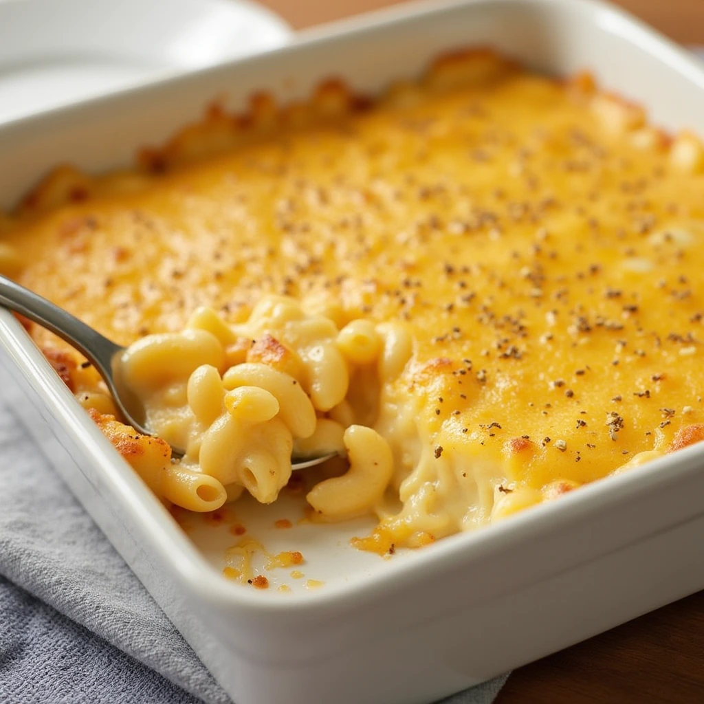 Creamy macaroni and cheese topped with a golden, crispy crust, showcasing a delicious homemade recipe