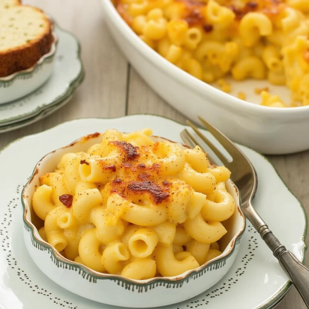 Gourmet mac and cheese with Gruyère and crispy bacon, served in a rustic bowl.