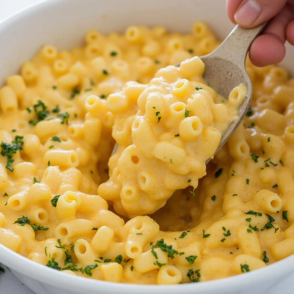 Creamy baked macaroni and cheese served in a casserole dish, perfect for family dinners.
