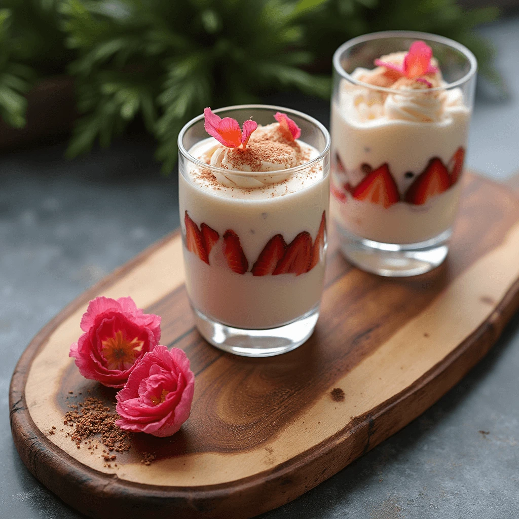 Two glasses of layered strawberry dessert on a wooden board.