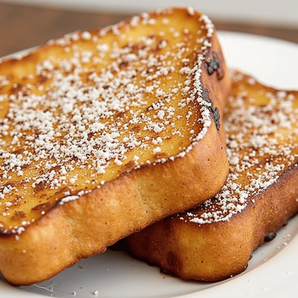 Two slices of French toast dusted with powdered sugar