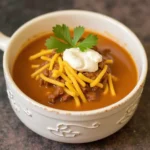 A bowl of hearty taco soup with toppings of cheese, sour cream, and avocado