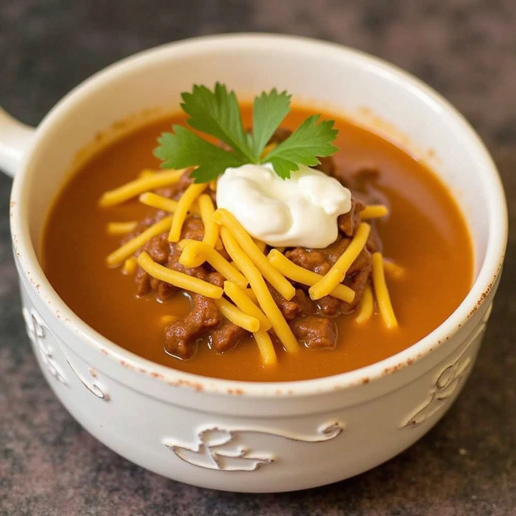 A bowl of hearty taco soup with toppings of cheese, sour cream, and avocado
