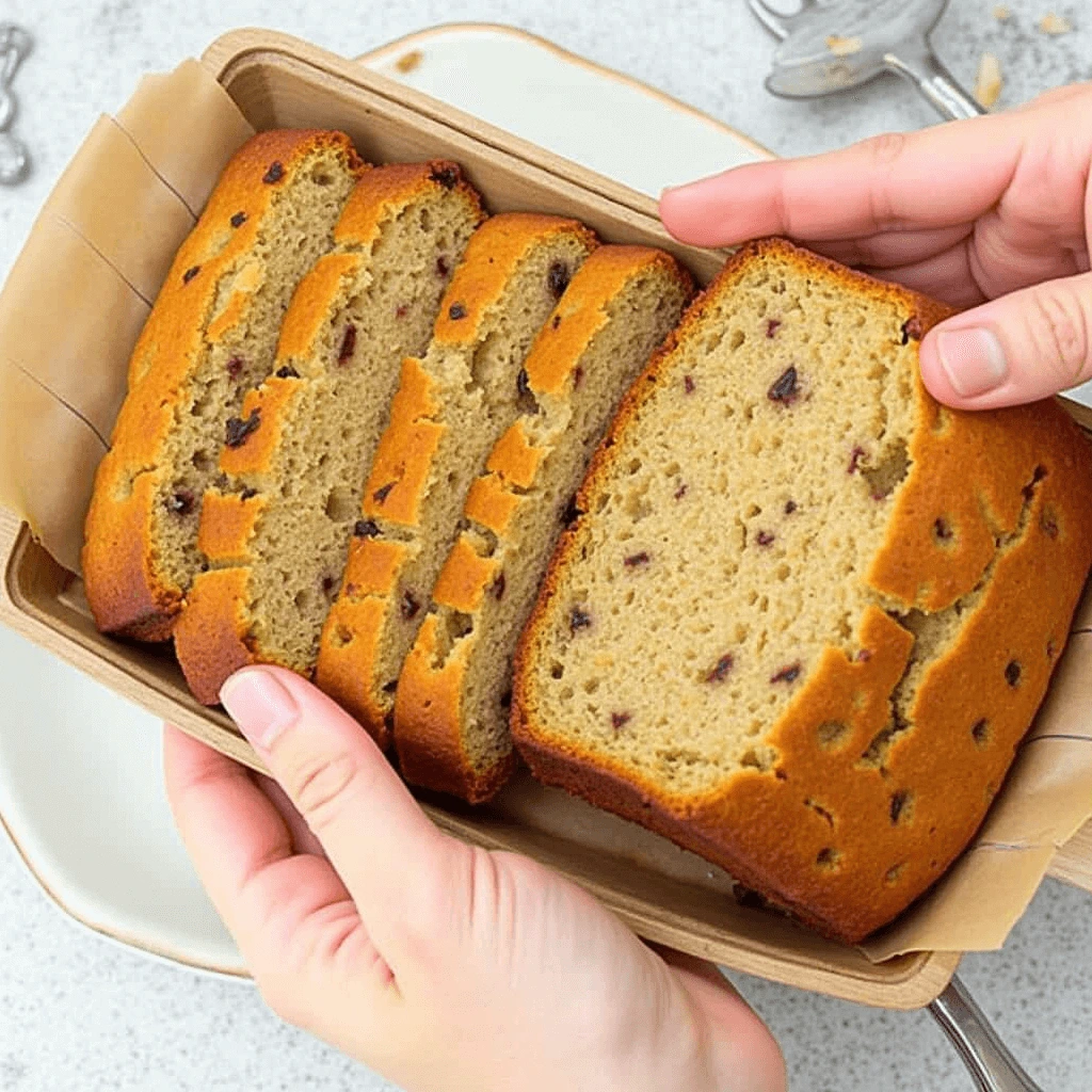 Freshly baked banana bread sliced on a wooden board