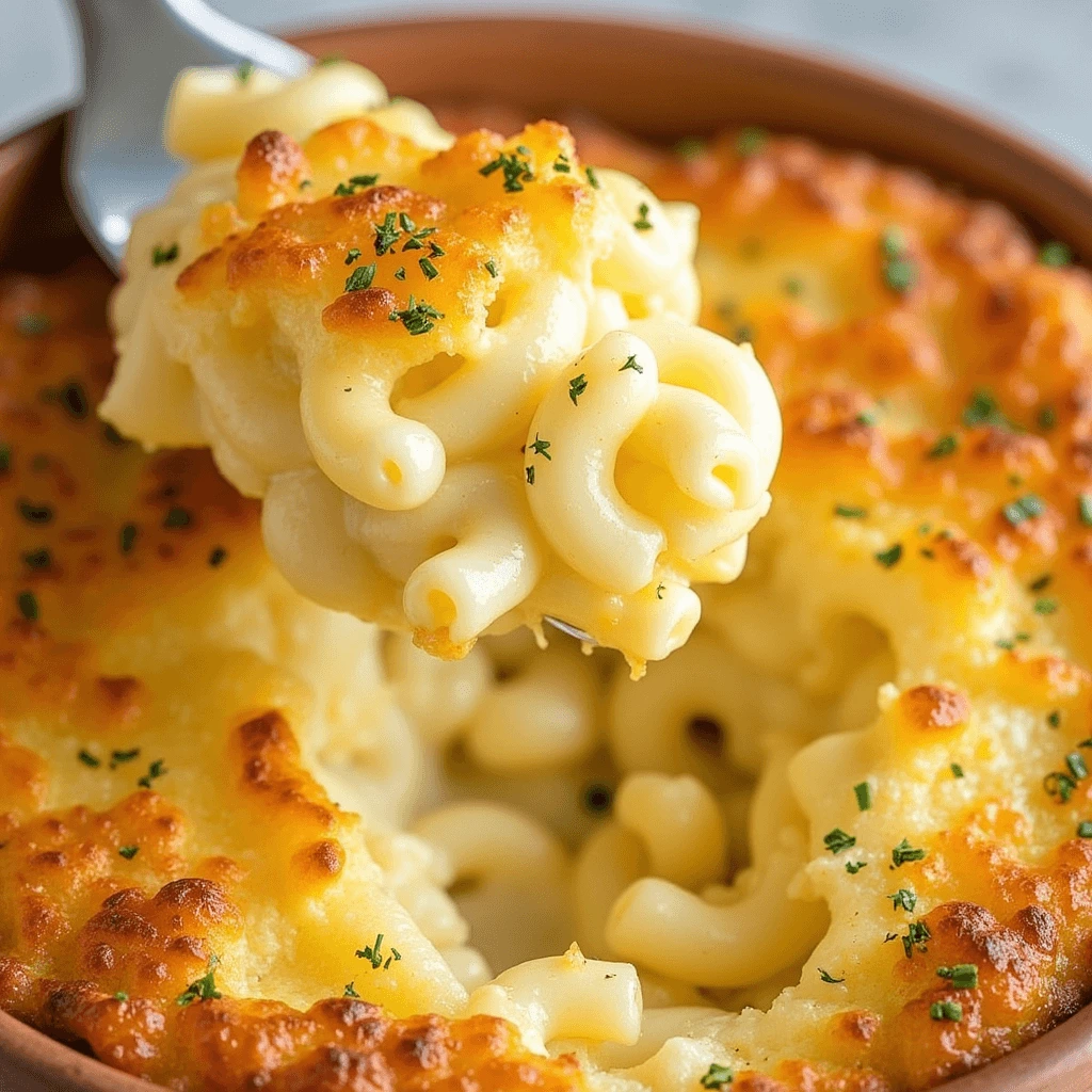 A bowl of creamy mac and cheese with a golden, crunchy topping.