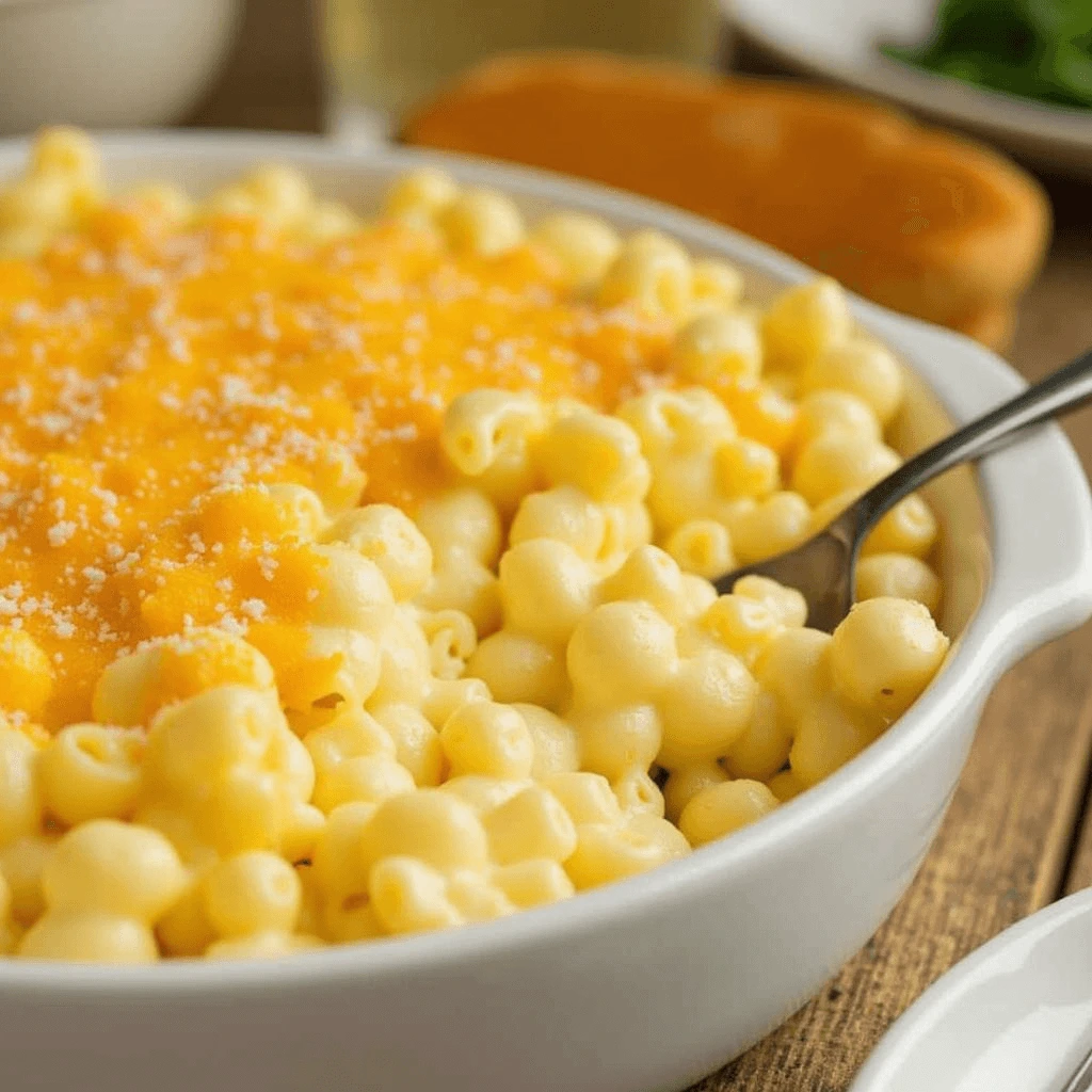A plate of mac and cheese, with melted cheese and a crispy top.