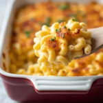 Homemade mac and cheese with melted cheese on top, served in a rustic bowl.