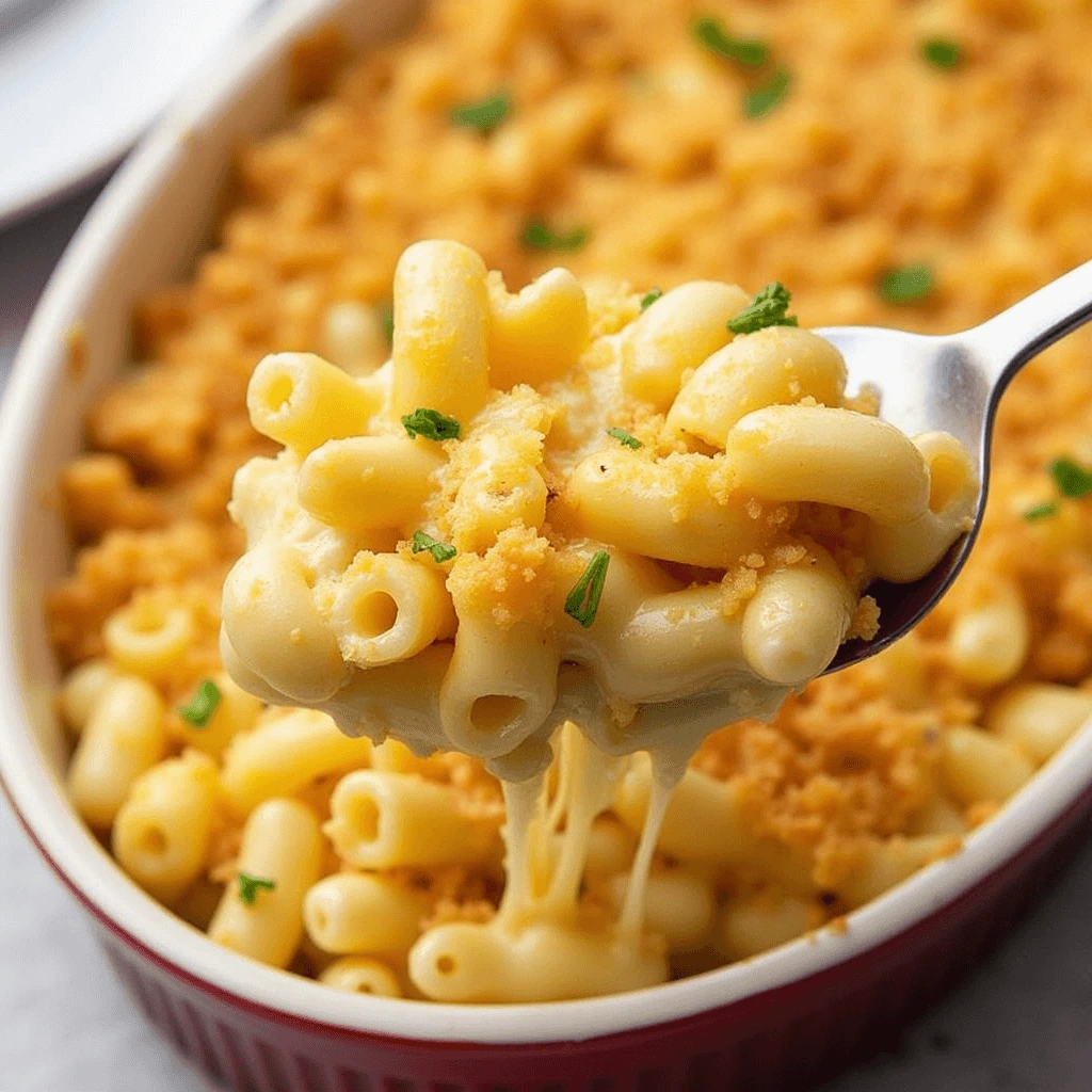 A close-up of a bowl of mac and cheese with a creamy texture and golden brown crust.