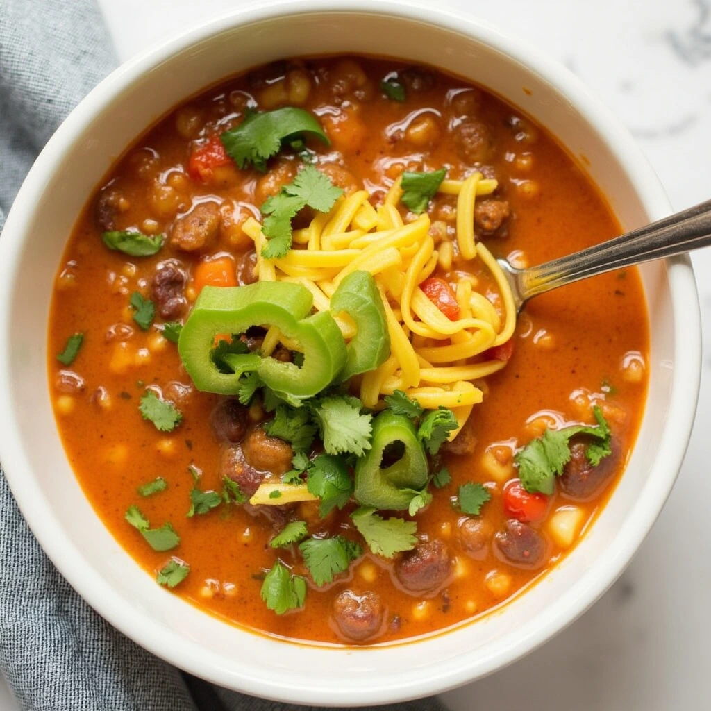 Taco soup with ground beef, beans, and tomatoes in a large pot.