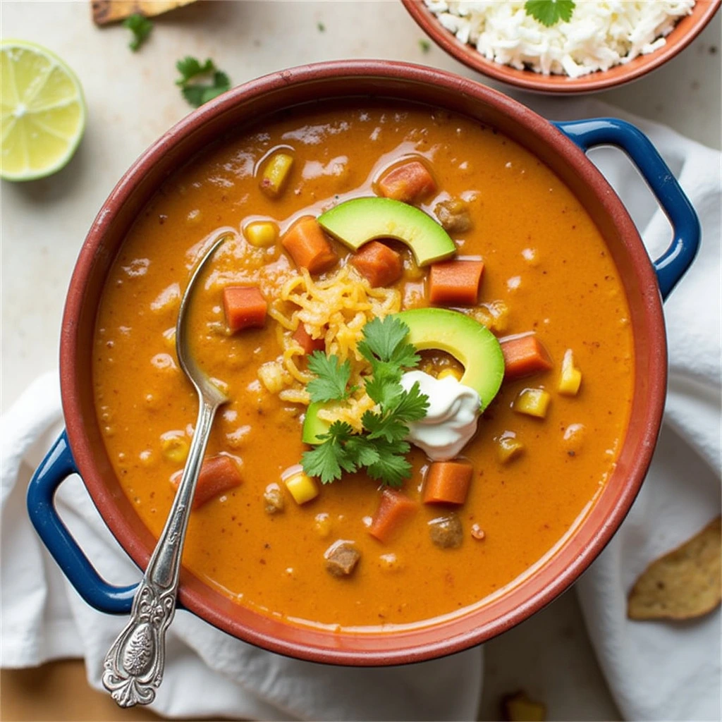 Bowl of taco soup with melted cheese, sour cream, and avocado.
