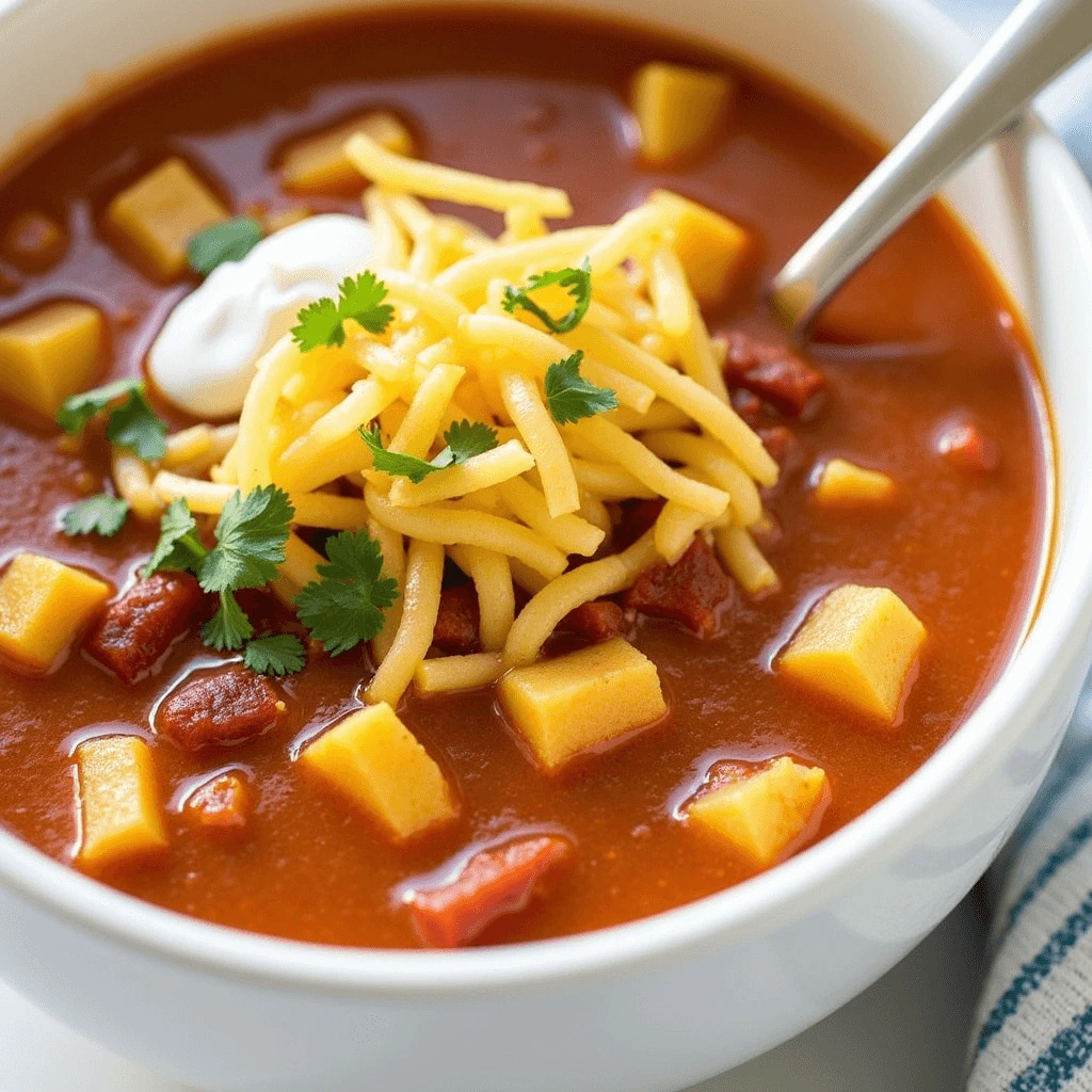 Close-up of taco soup in a bowl with fresh toppings and cilantro garnish.